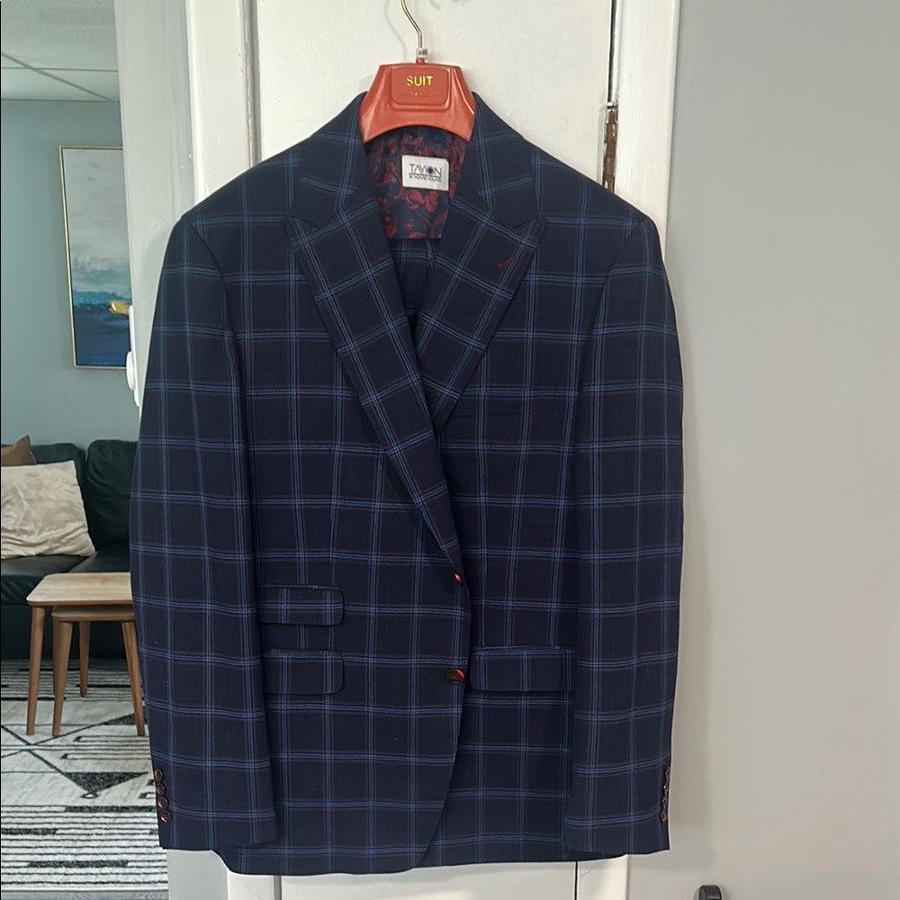 Blue Sport Coat with Windowpane Pattern and Notched Lapels 3 piece suit